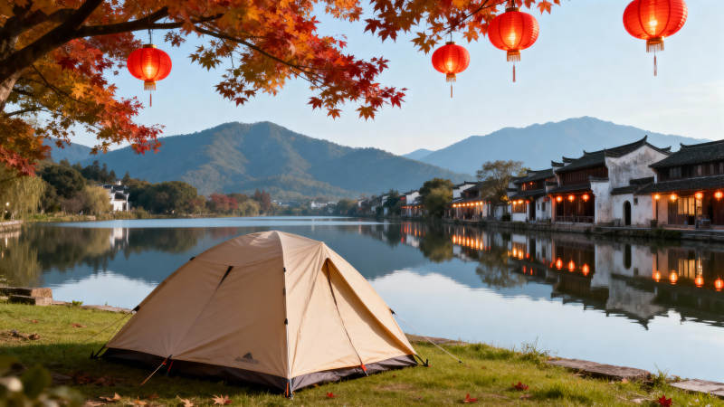 秋湖畔露营美景图片