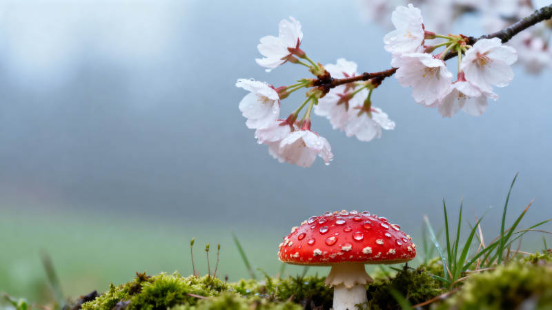 樱花下的红菇图片