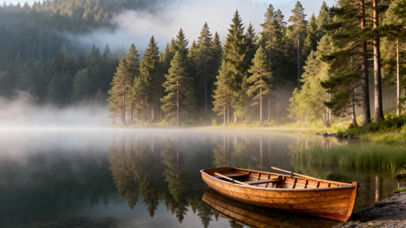 晨雾湖畔木舟静泊图片