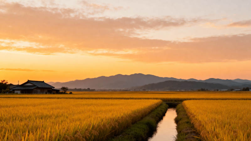 金秋稻田日落图片
