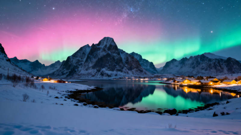 极光映雪峰图片