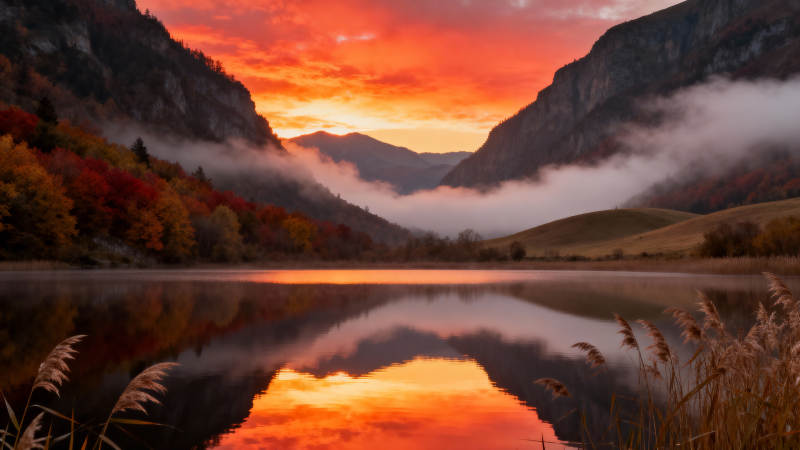 秋山湖畔日出图片