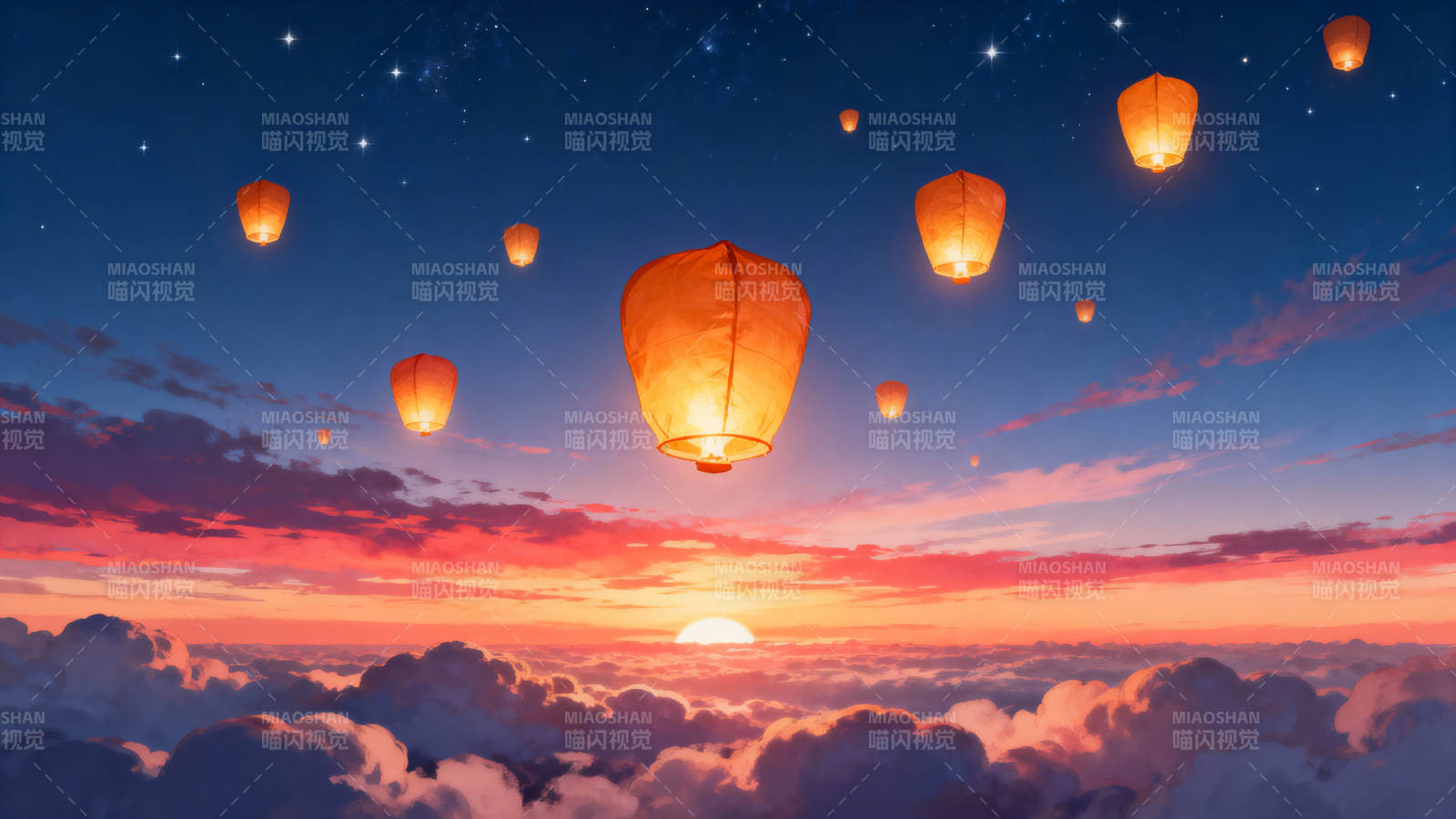 天灯映晚霞图片