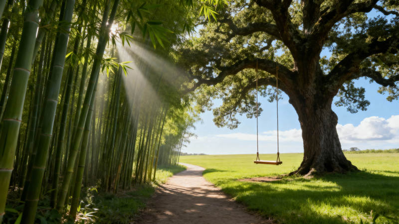 竹林小径秋千树图片
