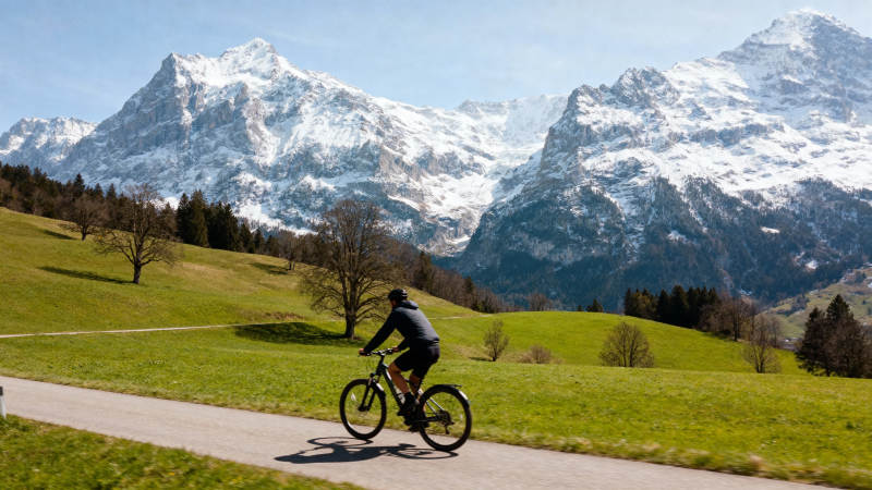 雪山下的骑行者图片