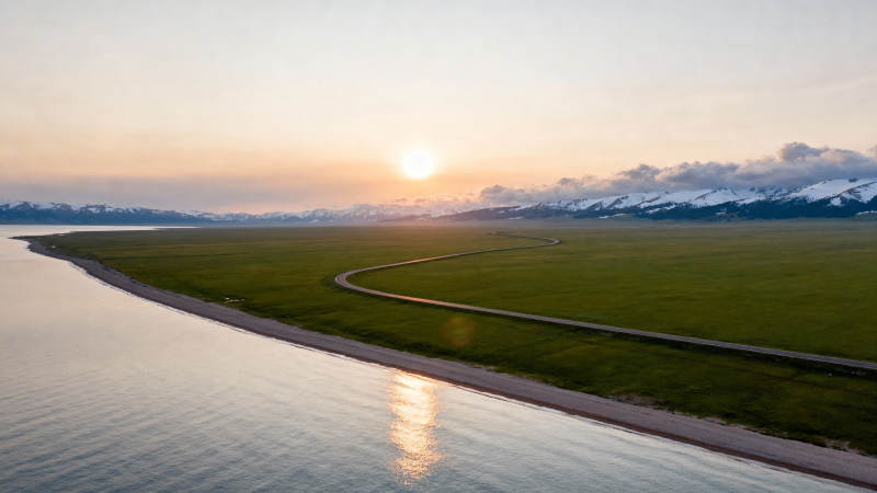 湖畔日落风光图片