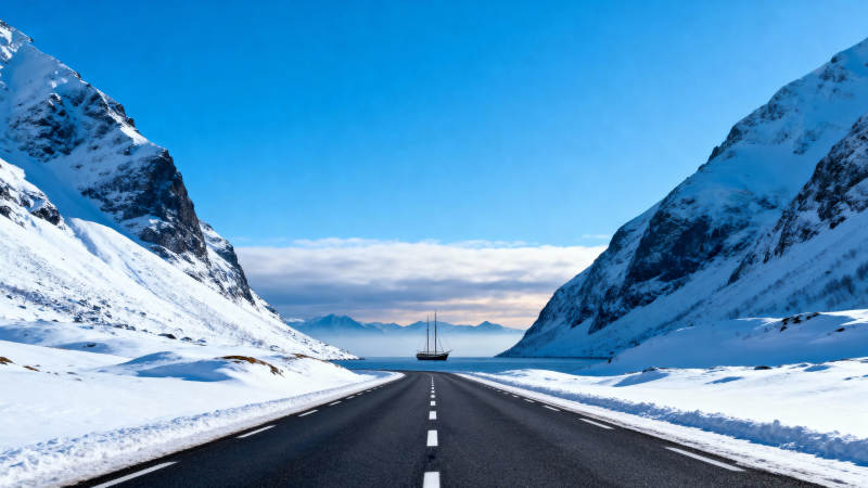 雪域公路尽头的帆船图片