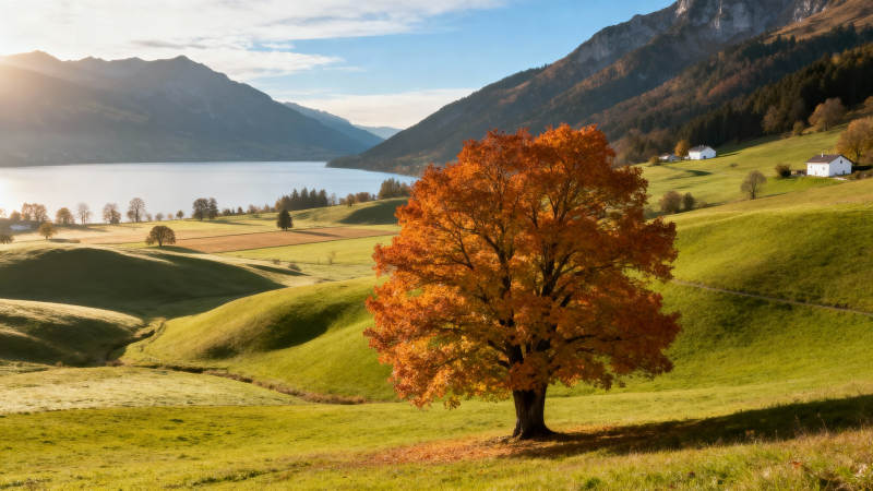 秋树湖光山色图片