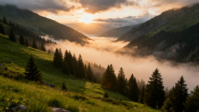 晨雾山谷美景图片