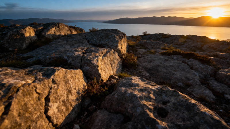 日落湖畔石景图片