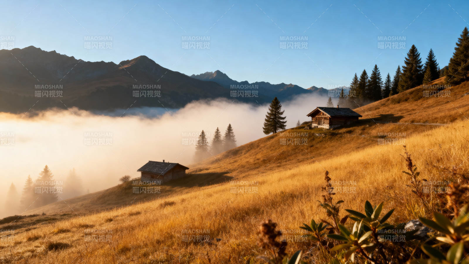 山间晨雾小屋图片