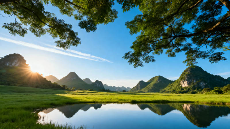 山水倒影 晨光如画图片