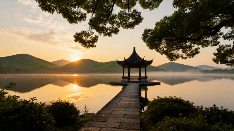 湖畔亭影晨曦图片