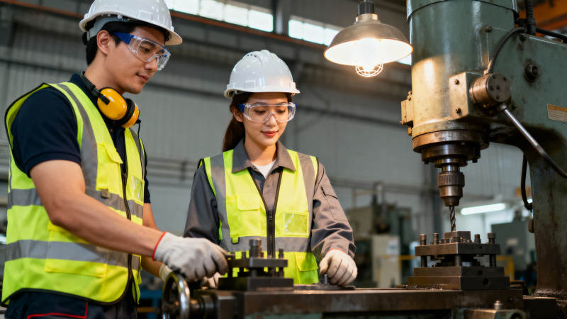 工厂工人操作钻床图片