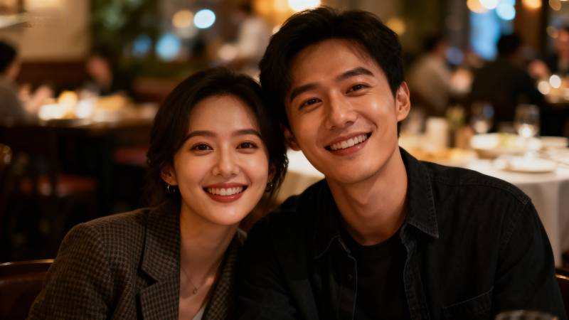 甜蜜情侣餐厅合影图片