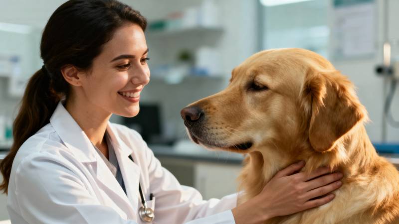 兽医与金毛犬温馨互动图片