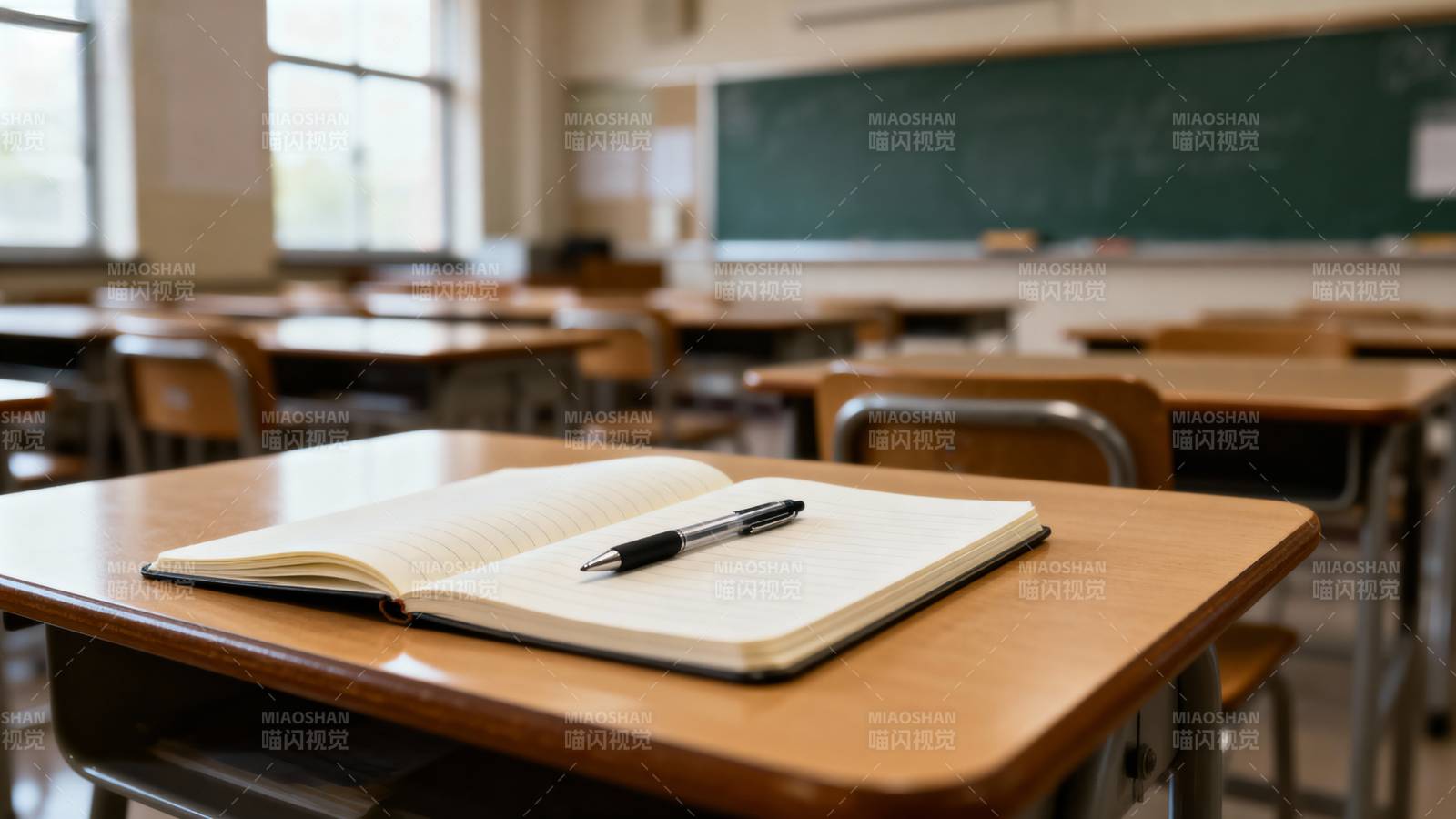 教室里的书桌与笔记本图片