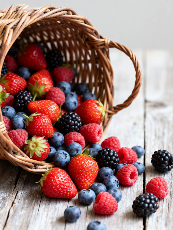 新鲜浆果溢出篮子图片