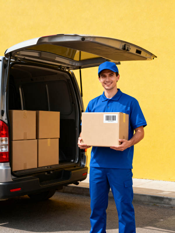 快递员微笑送包裹图片