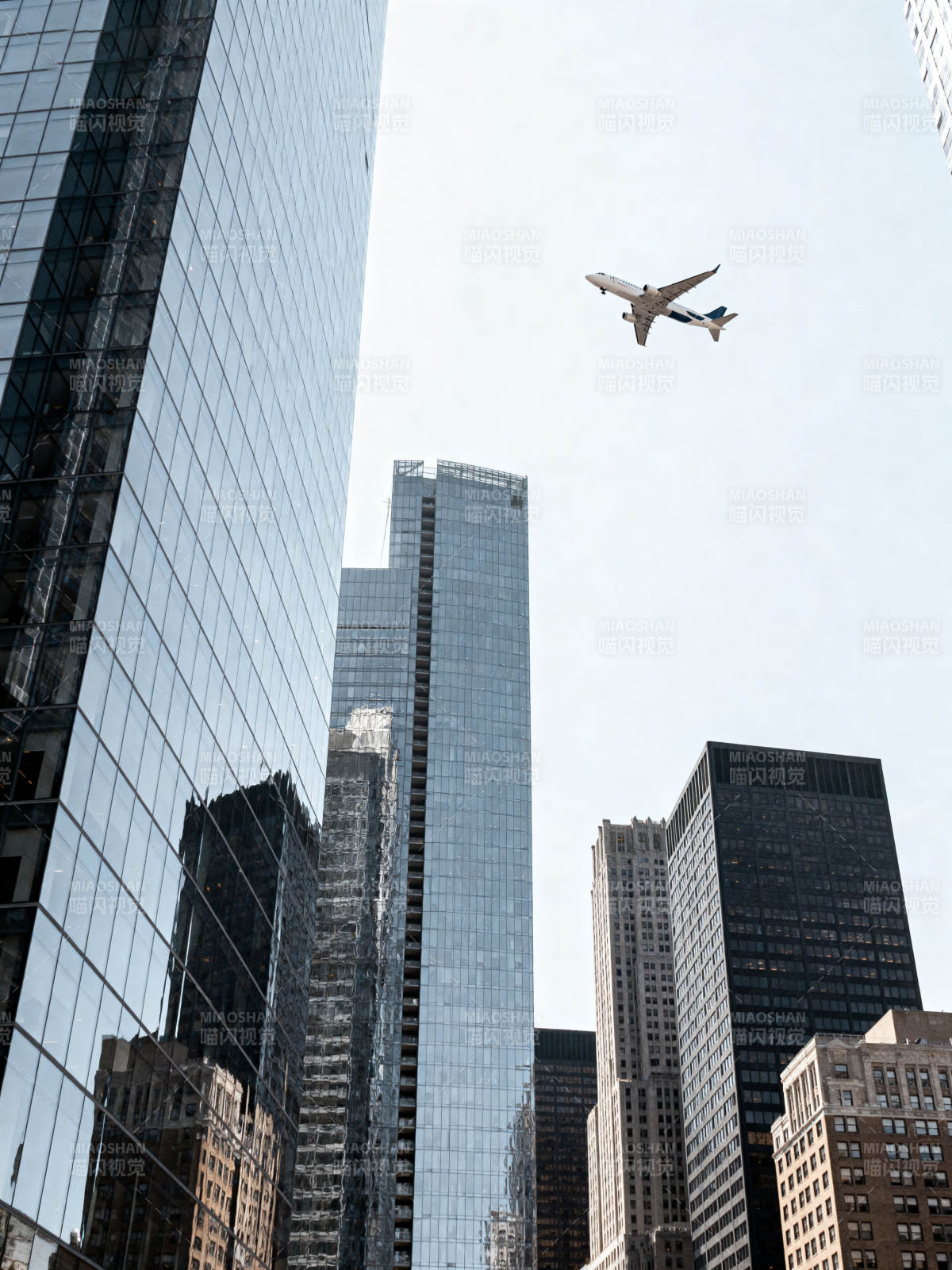 飞机掠过摩天楼图片