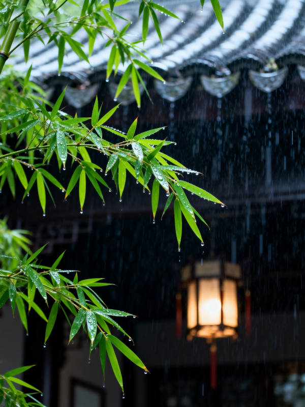 雨中竹影灯暖图片