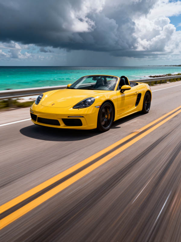 黄跑车疾驰海岸线图片