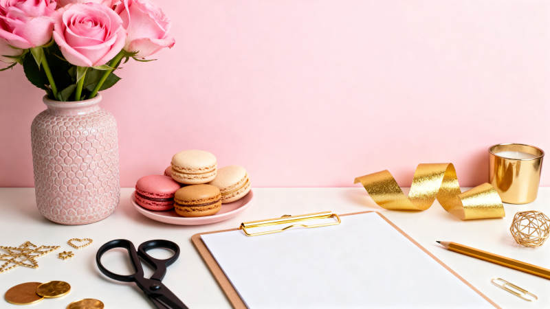 粉色花与甜点布置图片