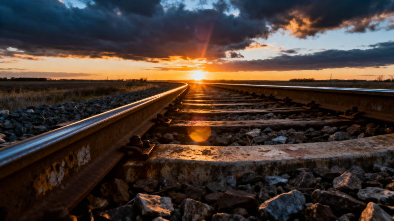 铁轨尽头的夕阳图片