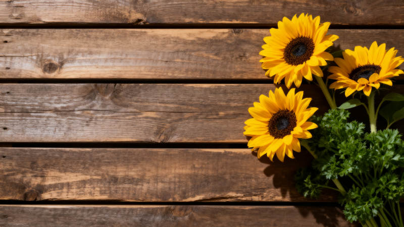 向日葵与木板背景图片