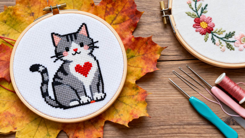 猫咪刺绣秋叶相伴图片