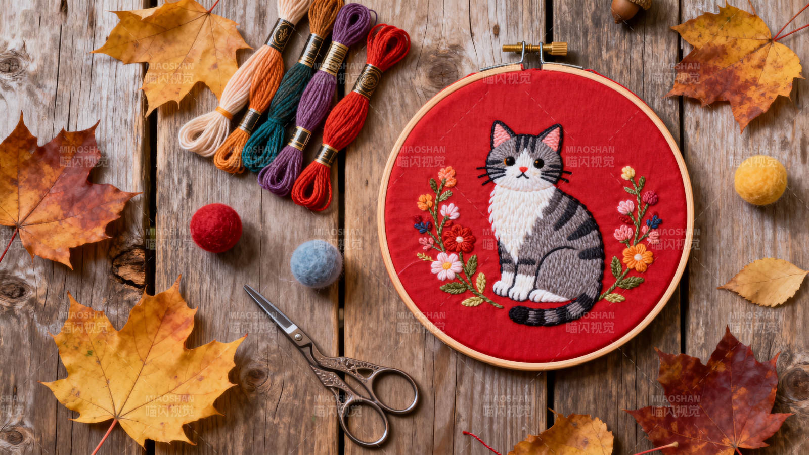 秋日刺绣猫咪图片