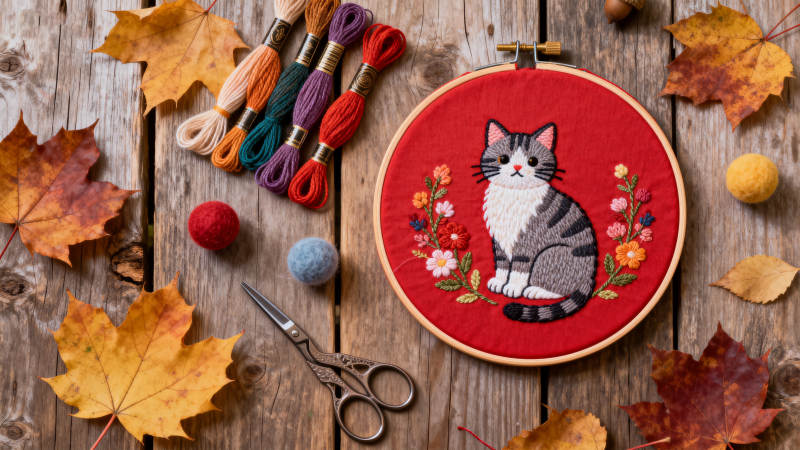 秋日刺绣猫咪图片