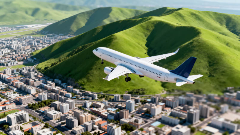 飞机飞越城市山峦图片