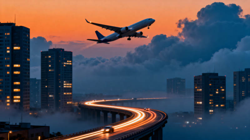 暮色中的城市飞行图片