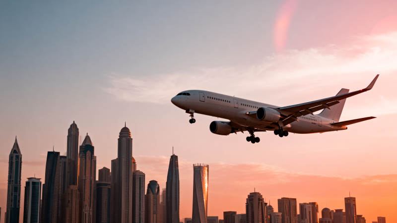 飞机飞越城市天际线图片