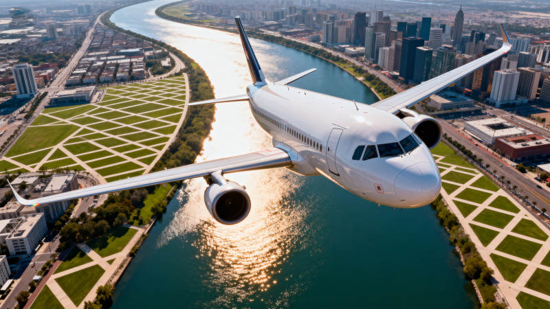 飞机飞越城市河流图片