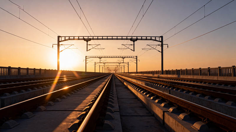 铁轨尽头的夕阳图片