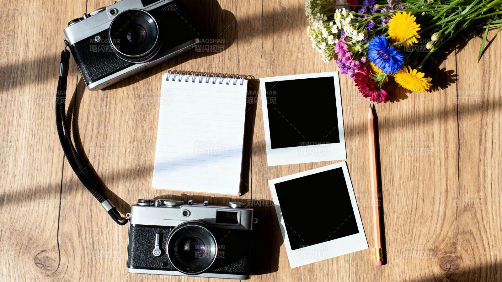 相机与花束静物图片