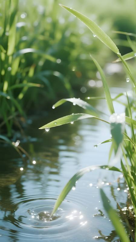 水珠轻落草尖图片