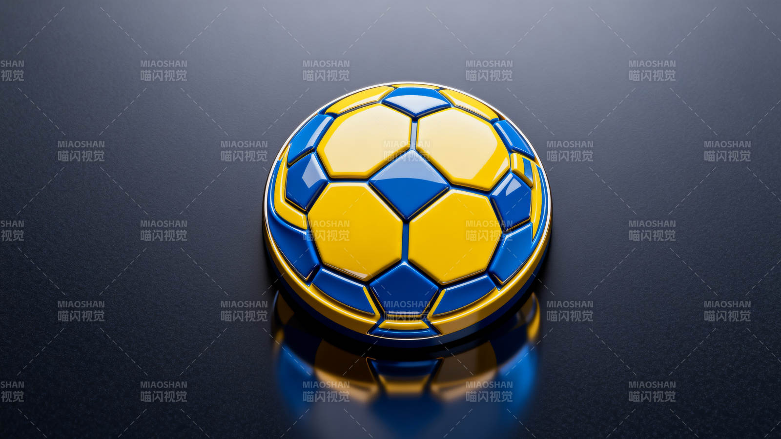 蓝黄足球静置反光面图片