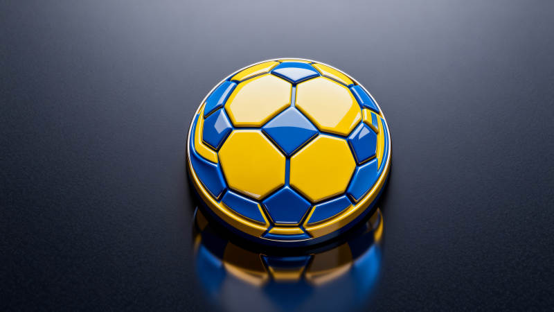 蓝黄足球静置反光面图片