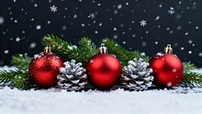 圣诞红球雪景图片