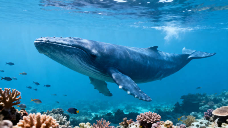 鲸鱼游弋珊瑚礁图片