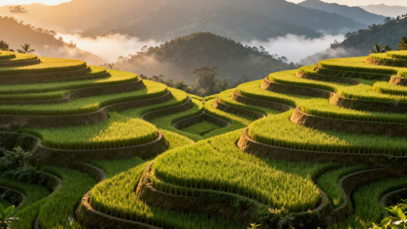 梯田晨雾图片