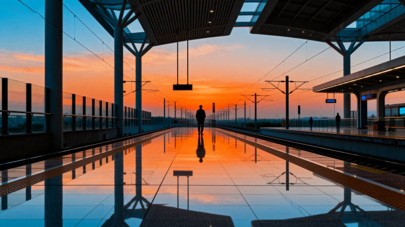 站台暮色倒影图片