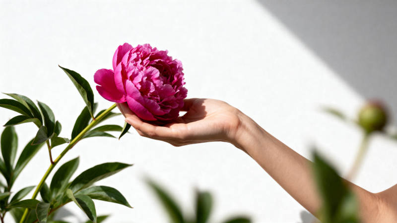 手捧粉红牡丹花图片