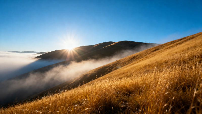 山间晨雾映朝阳图片