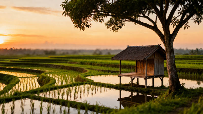 稻田夕照小屋图片