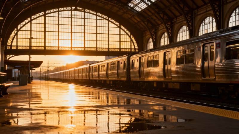 夕阳下的车站列车图片