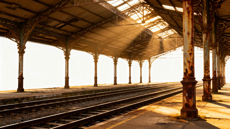 夕阳下的铁轨站台图片